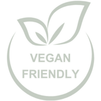 Vegan-friendly symbol featuring two leaves inside a circular shape with the words 'Vegan Friendly' displayed beneath the leaves, signifying that the product is free from animal-derived ingredients.