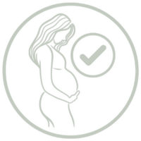 Symbol indicating that the product is safe for use during pregnancy, featuring an illustration of a pregnant woman with a checkmark next to her, enclosed in a circular border.