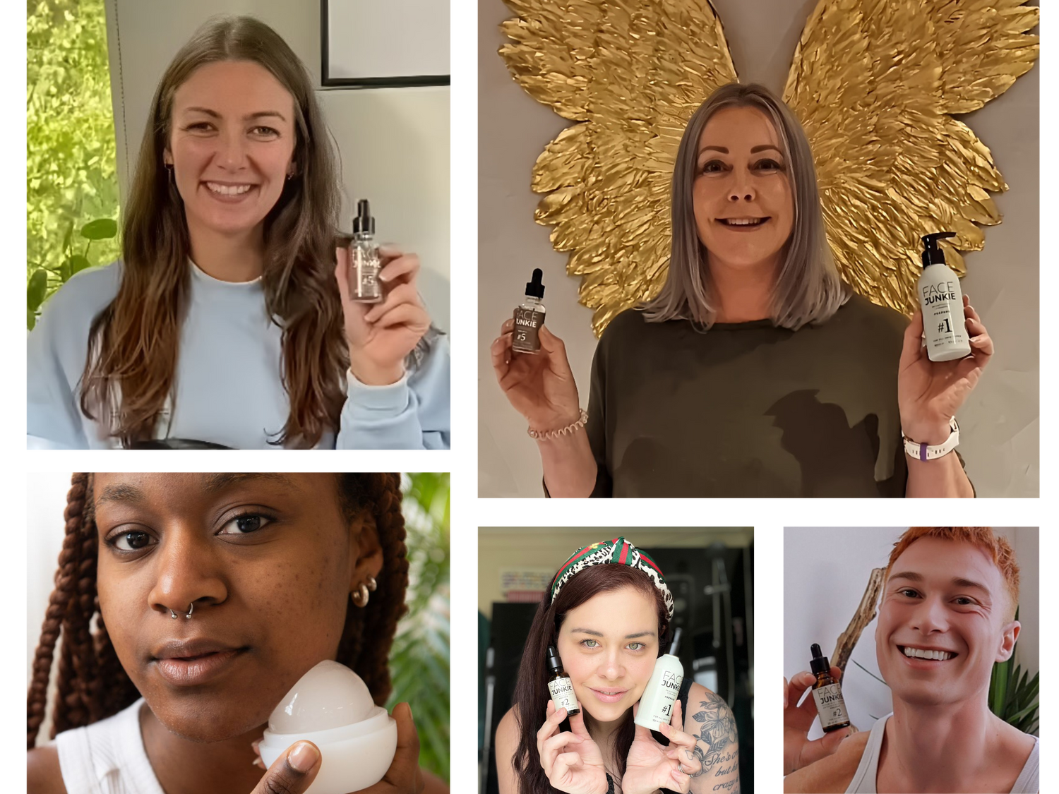Customer testimonials showcasing a diverse group of individuals holding Face Junkie skincare products. The image features a woman with the Hydrating Vitamin C Serum (#2), a woman with the Brightening Cleanser (#1), a woman with the Ice Globe tool, a woman with the Hydrating Day Cream, and a man with the Pro Collagen Night Cream (#6). Each individual shares their positive experience with Face Junkie’s effective, high-performance skincare products that promote glowing, healthy skin.