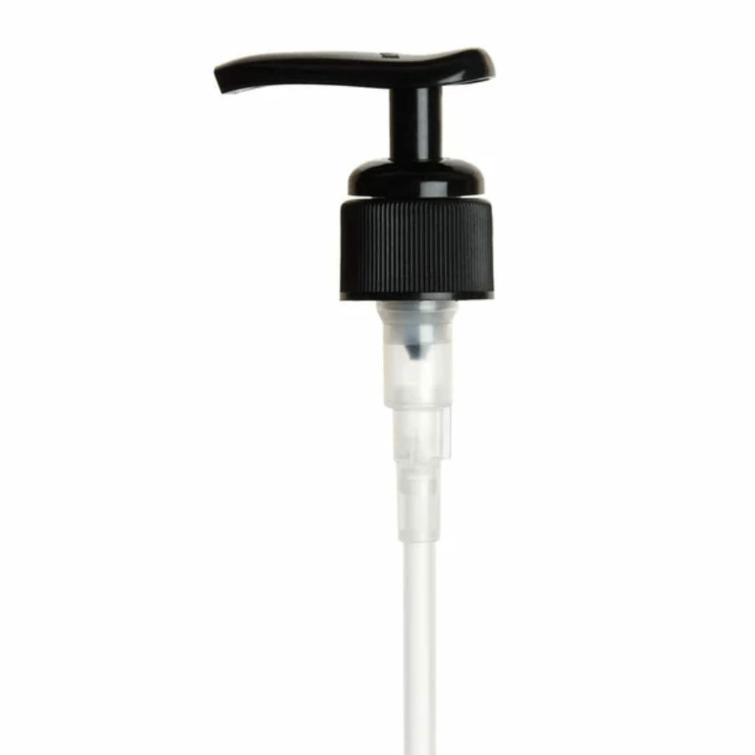 Black plastic lotion pump dispenser with a clear tube, designed for skincare and beauty product bottles. Ideal for dispensing lotions, serums, and liquid skincare formulations with precision.