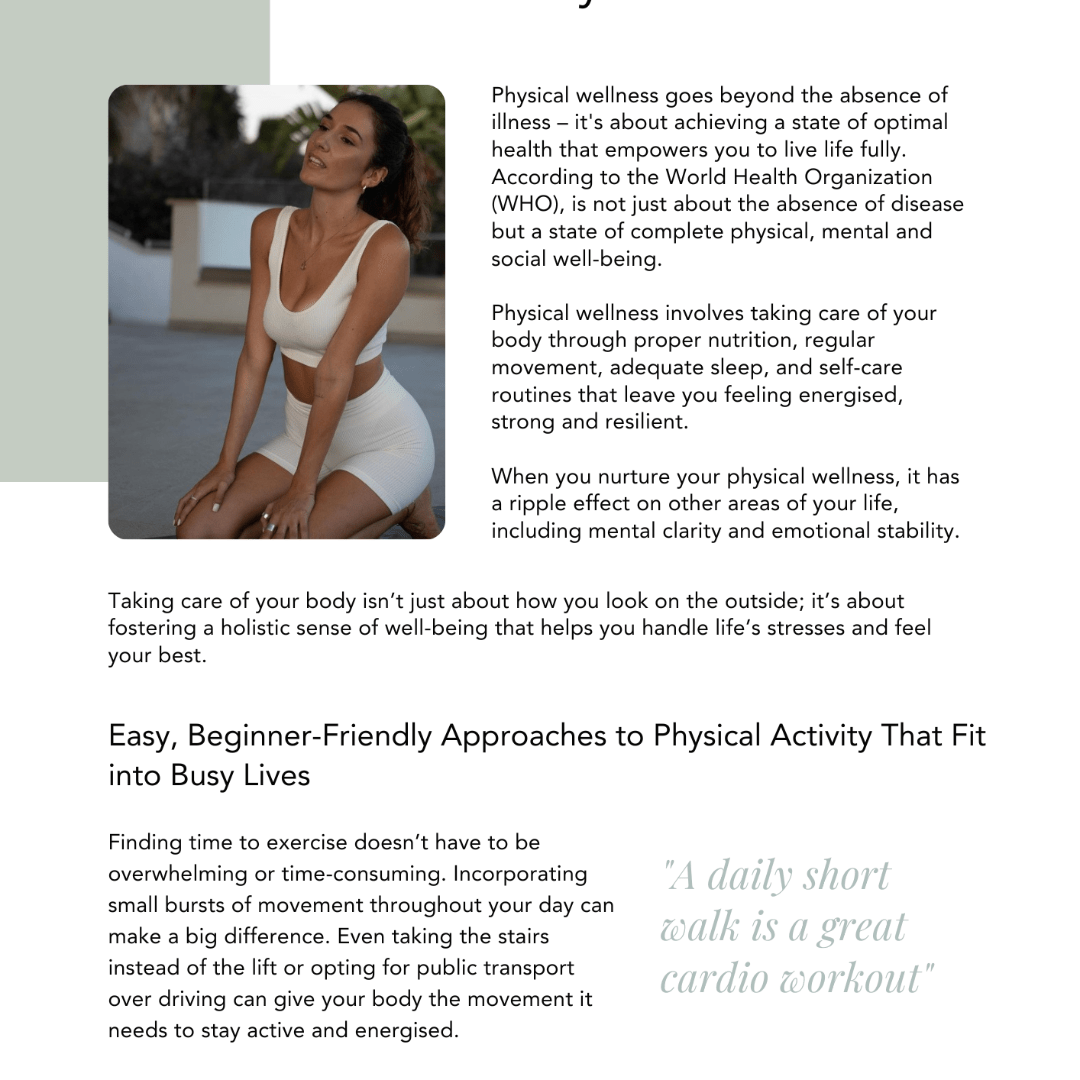 Woman in athletic wear enjoying the outdoors, promoting physical wellness and self-care. Text discusses the importance of movement, nutrition, and sleep for overall well-being. Easy, beginner-friendly fitness tips for a busy lifestyle.