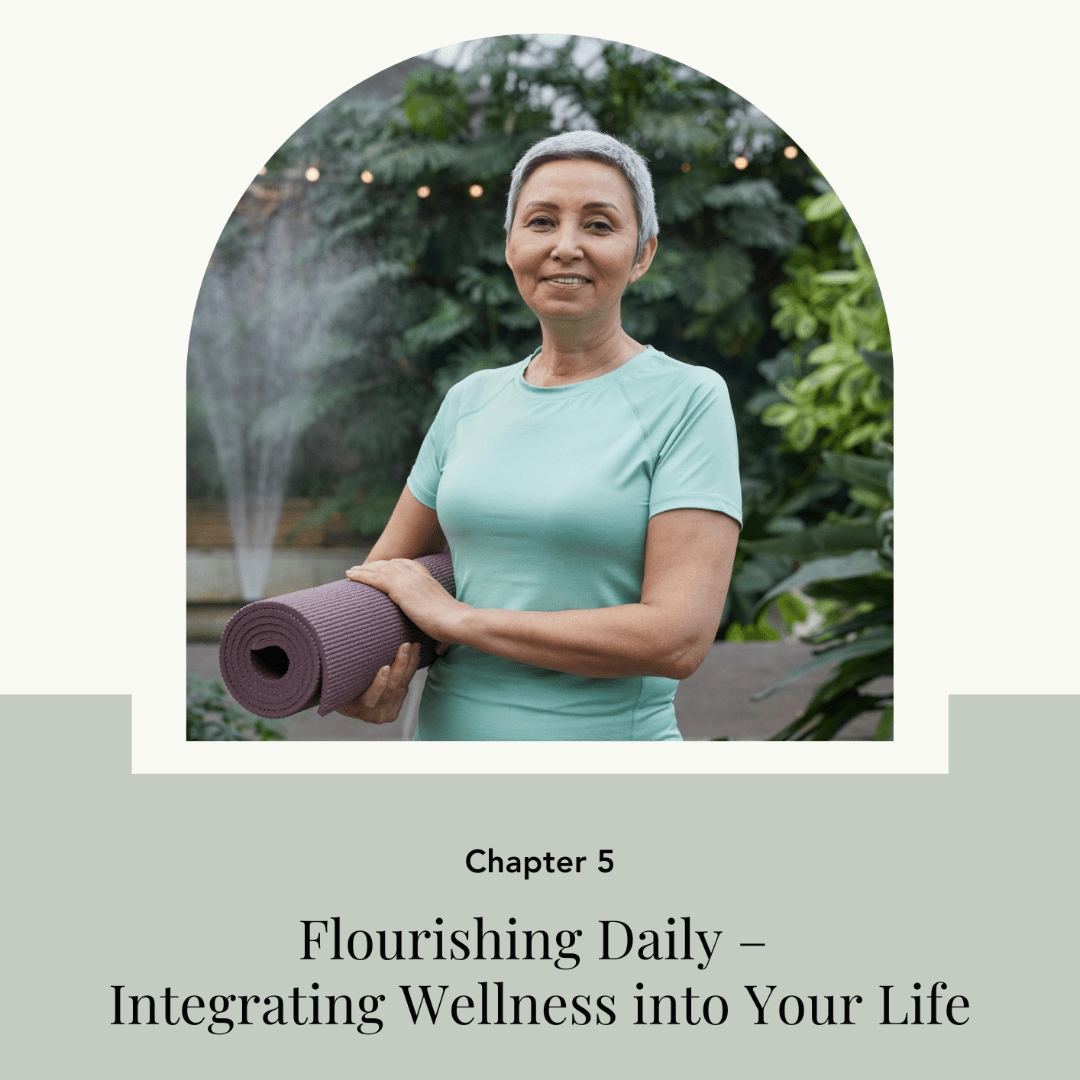 Smiling mature woman holding a yoga mat in a lush outdoor setting. Chapter 5: &