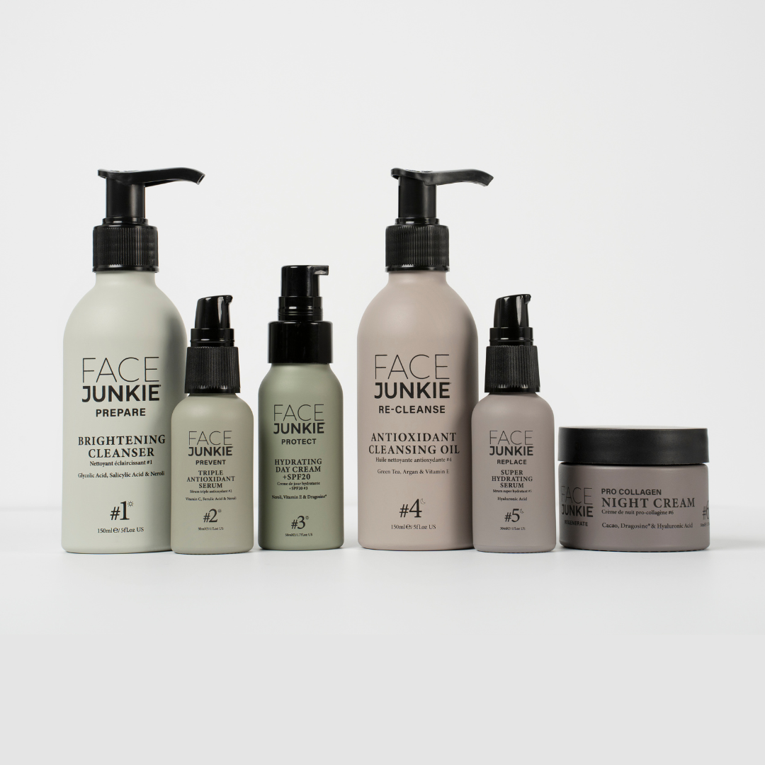 picture of a six set of face junkie skincare products on a white table with a white backdrop