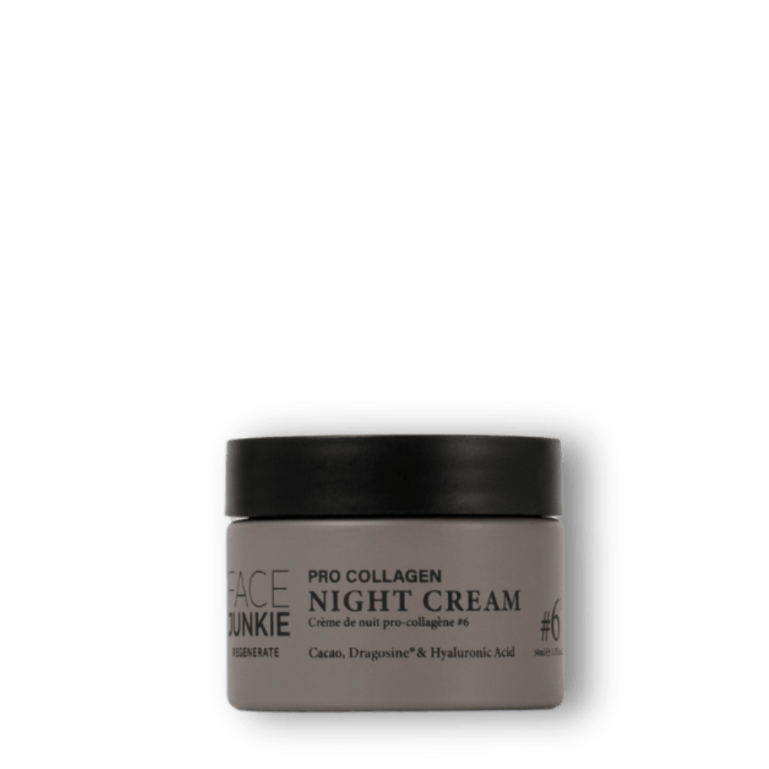 Face Junkie Pro Collagen Night Cream in a sleek, minimalist jar with black and beige packaging. Infused with powerful ingredients like cacao, Dragosine®, and hyaluronic acid, this anti-aging night cream helps hydrate, firm, and rejuvenate the skin while promoting collagen production. Designed for deep skin regeneration, Face Junkie’s night cream supports a radiant, youthful complexion through high-performance, clean beauty formulations.